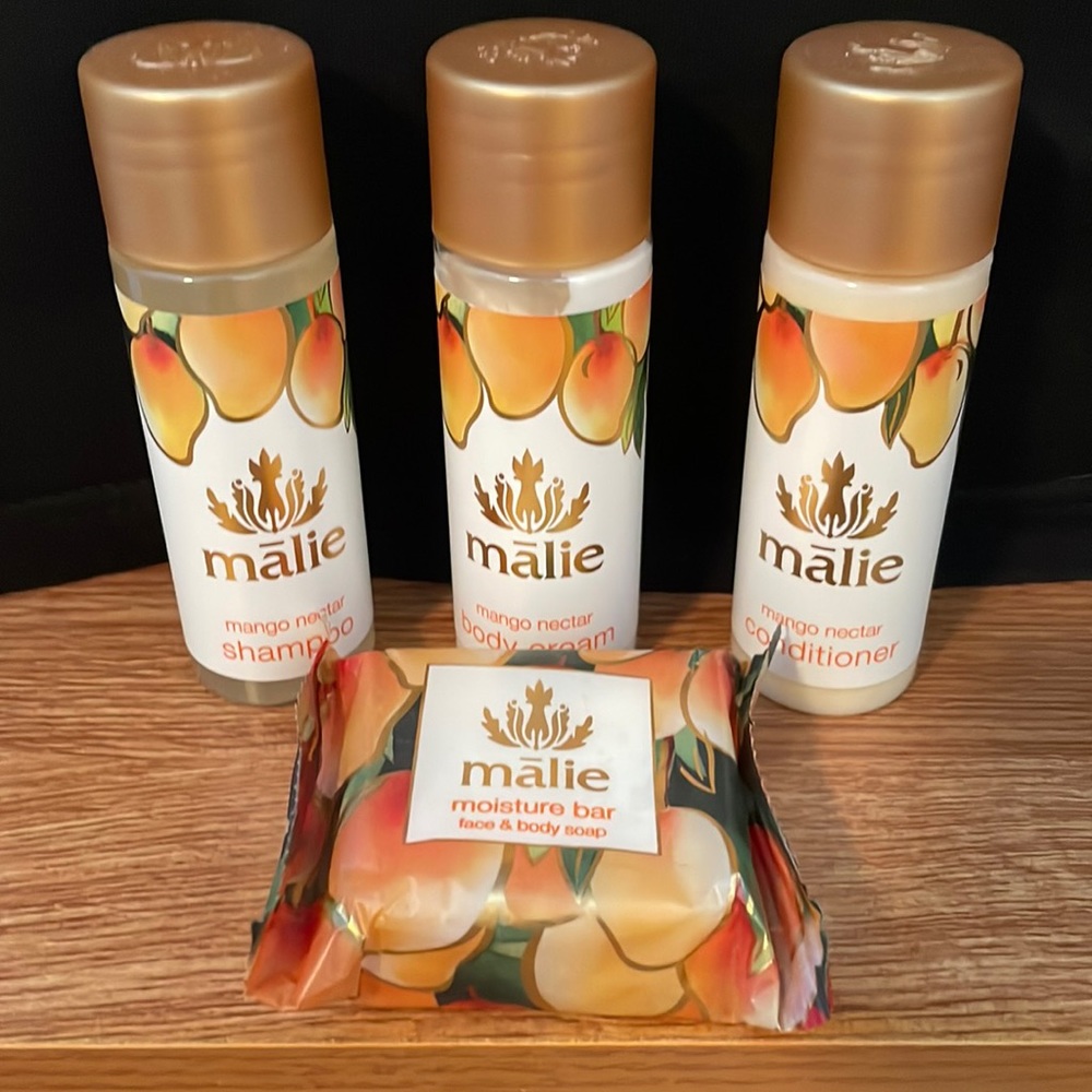 Set of Travel Size Mālie Mango Nectar Shampoo Conditioner Body Lotion Soap